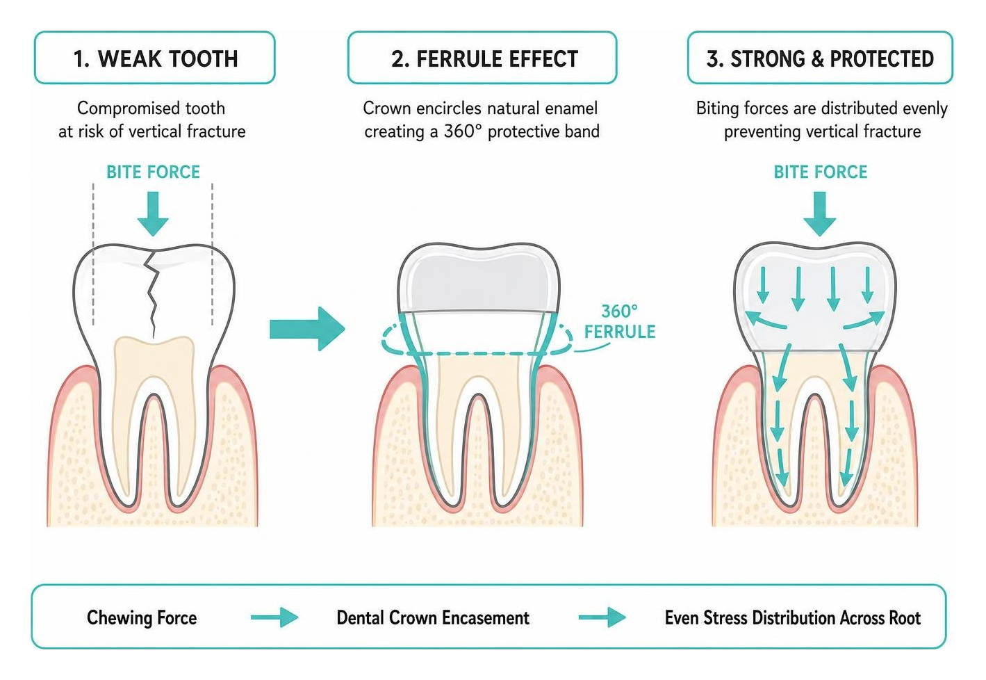 Diagram of ferrule effect showing how a crown encircles natural enamel to prevent vertical tooth fracture
